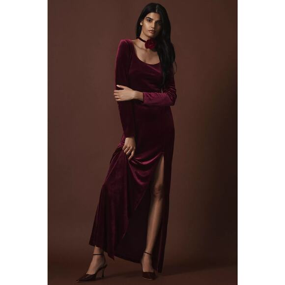 NWT BHLDN Bella Long-Sleeve Scoop-Neck Side-Slit Stretch Velvet Maxi Dress $248 - Picture 1 of 4